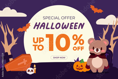 Cute Halloween Discount Banner with Bear, Coffin, and Pumpkins. Halloween Sale Banner with Cute Bear and Jack o Lantern.
