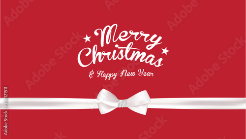 Christmas and New Year greetings with white ribbon on red background