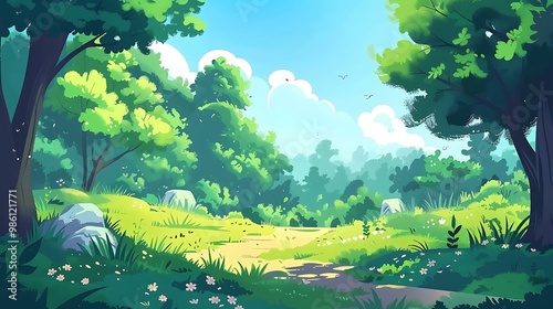 Beautiful Green Forest Illustration With Pathway