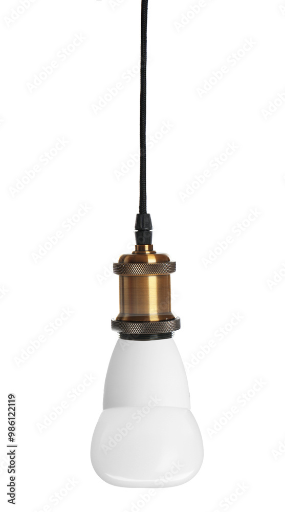 One light bulb hanging on white background