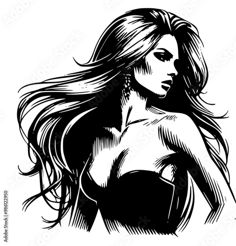 Black and white vector sketch of a  beautiful woman with long hair