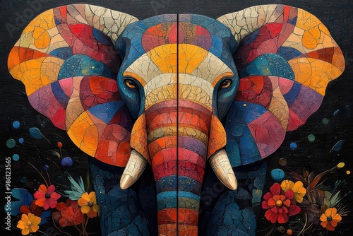 surreal elephant artwork diptych vibrant oil painting on canvas alongside abstract rendition on black background contrasting styles unified by elephant motif photo