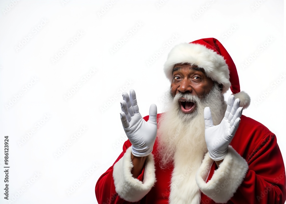 Black Santa Claus with joyful expression gesturing excitedly against white background with copy space Black Santa Claus with joyful expression gesturing excitedly against white background with copy space