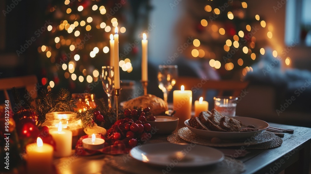 A cozy holiday dinner setting with candles, festive decor, and a warm atmosphere. A cozy holiday dinner setting with candles, festive decor, and a warm atmosphere.