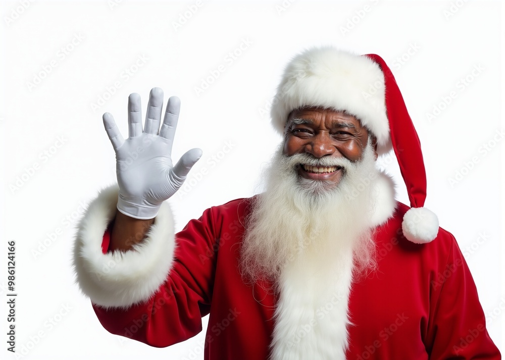 African American Santa Claus with Cheerful Smile Waving Hello against White Background with Copy Space