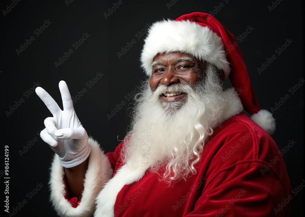 Naklejka premium African American Santa Claus with Cheerful Smile Showing Peace Sign against Dark Background