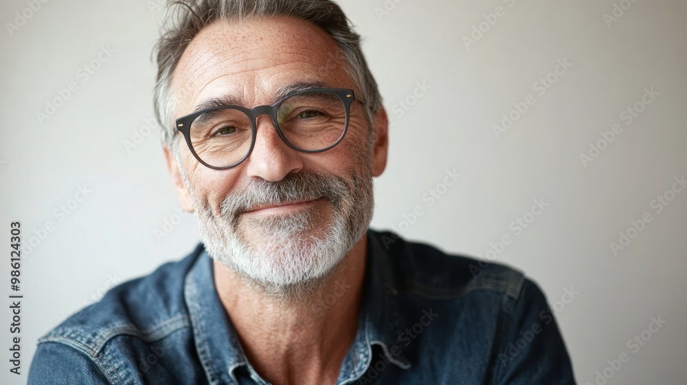 Close-up portrait of a smiling mature man with a grey beard wearing glasses. Close-up portrait of a smiling mature man with a grey beard wearing glasses.