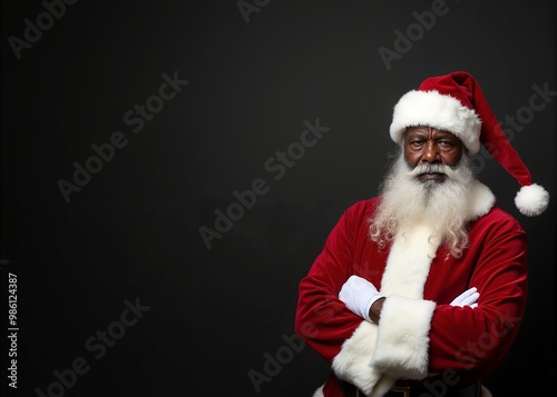 African American Santa Claus with Confident Expression Posing against Dark Background with Copy Space