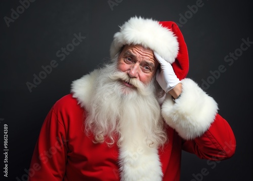 Santa Claus with thoughtful expression adjusting hat against dark background