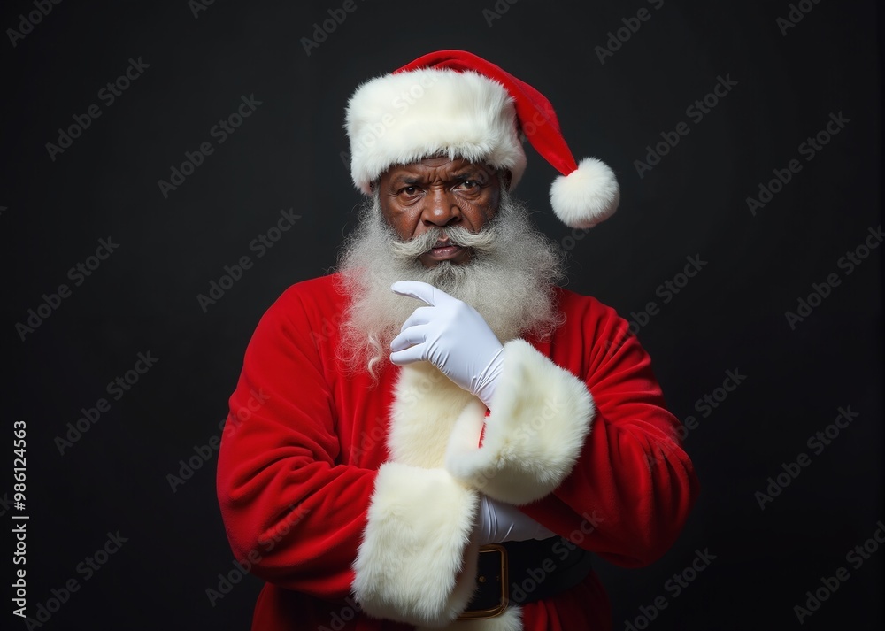 Black male African American Santa Claus with serious expression contemplating against dark background Black male African American Santa Claus with serious expression contemplating against dark background