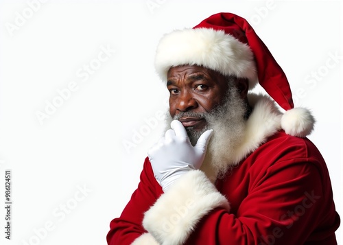 Black male African American Santa Clauss with thoughtful expression contemplating against white background with copy space
