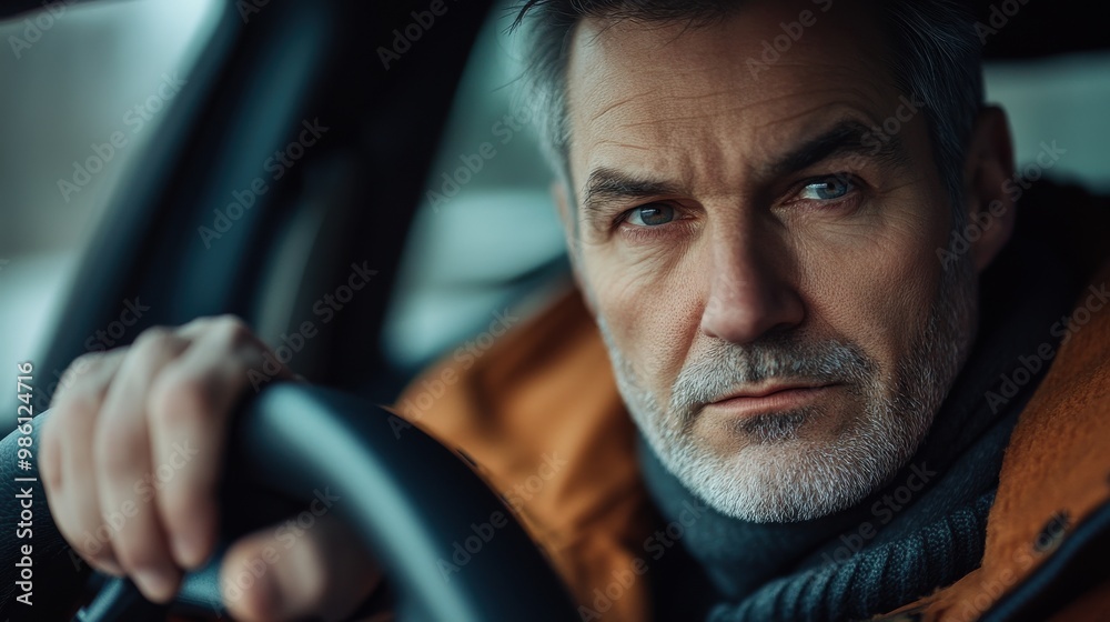 Close-up portrait of a middle-aged man driving a car, looking at the camera with a serious facial expression. Close-up portrait of a middle-aged man driving a car, looking at the camera with a serious facial expression.