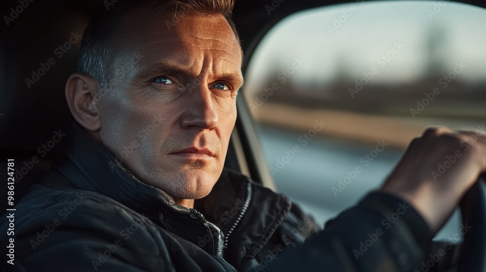 Obraz premium Close-up portrait of a middle-aged man driving a car, looking at the camera with a serious facial expression.