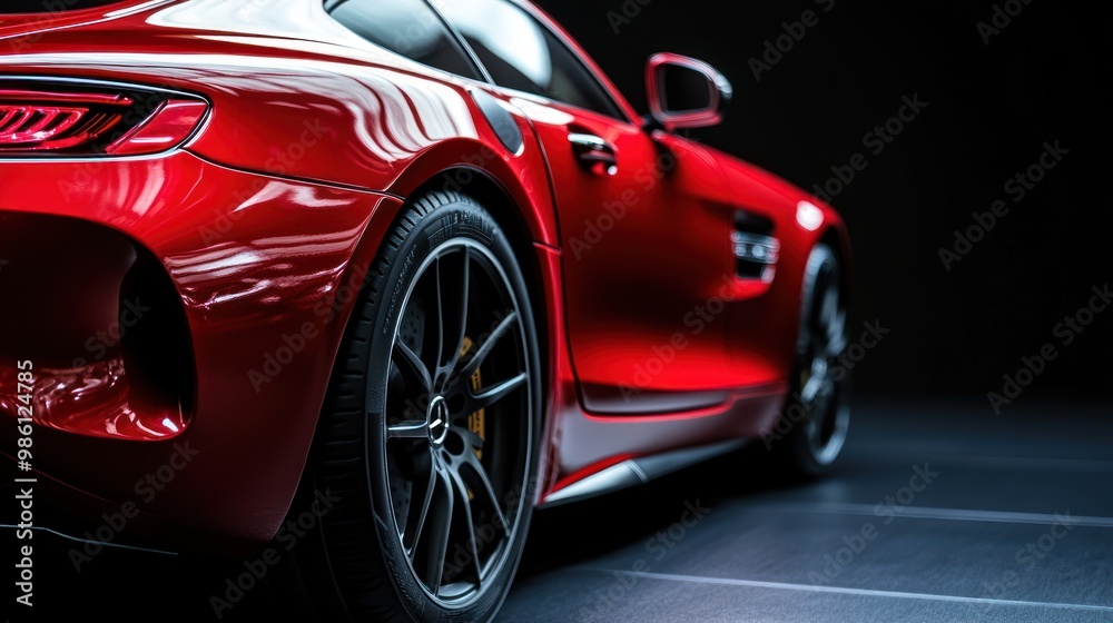 Close-up view of the rear end of a red sports car with shiny paint, black alloy wheels, and a rear taillight.