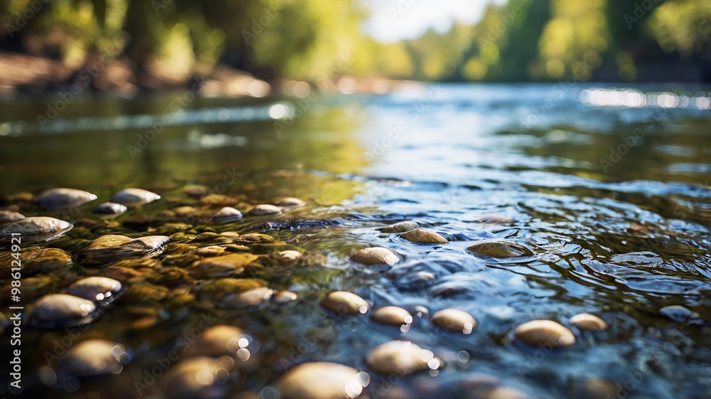 Fototapeta premium Blurred bokeh of a calm, flowing river