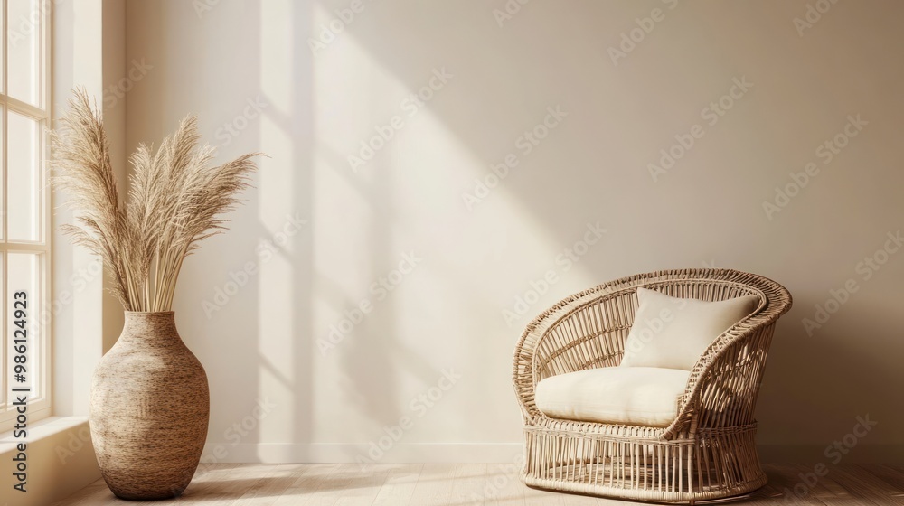 Fototapeta premium A serene interior featuring a wicker chair and a decorative vase with dried plants.