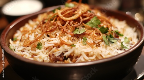 A bowl of fragrant rice topped with crispy onions and herbs, showcasing a delicious meal.