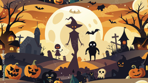 halloween backgrounds night with bright moon haunted house/castle with pumpkins and 
dark silhouettes ,bats and cats 
