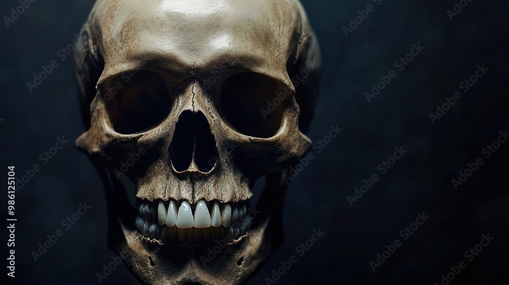 Close-up of a human skull with teeth showing. Close-up of a human skull with teeth showing.