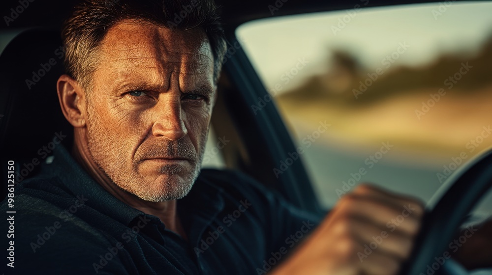 Close-up portrait of a middle-aged man driving a car, looking at the camera with a serious facial expression. Close-up portrait of a middle-aged man driving a car, looking at the camera with a serious facial expression.