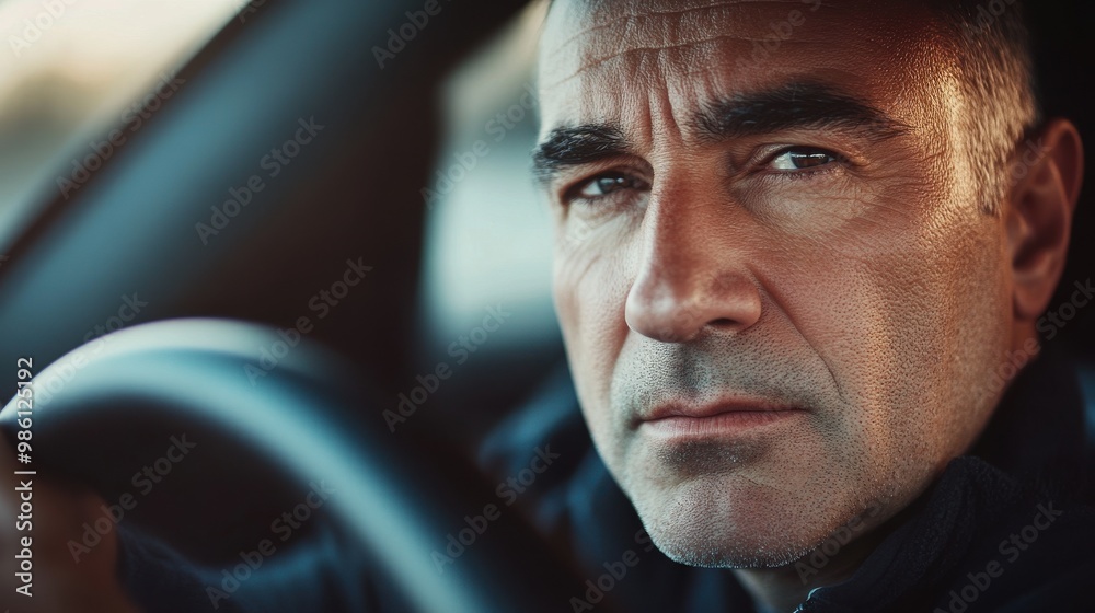 Close-up portrait of a middle-aged man driving a car, looking at the camera with a serious facial expression.