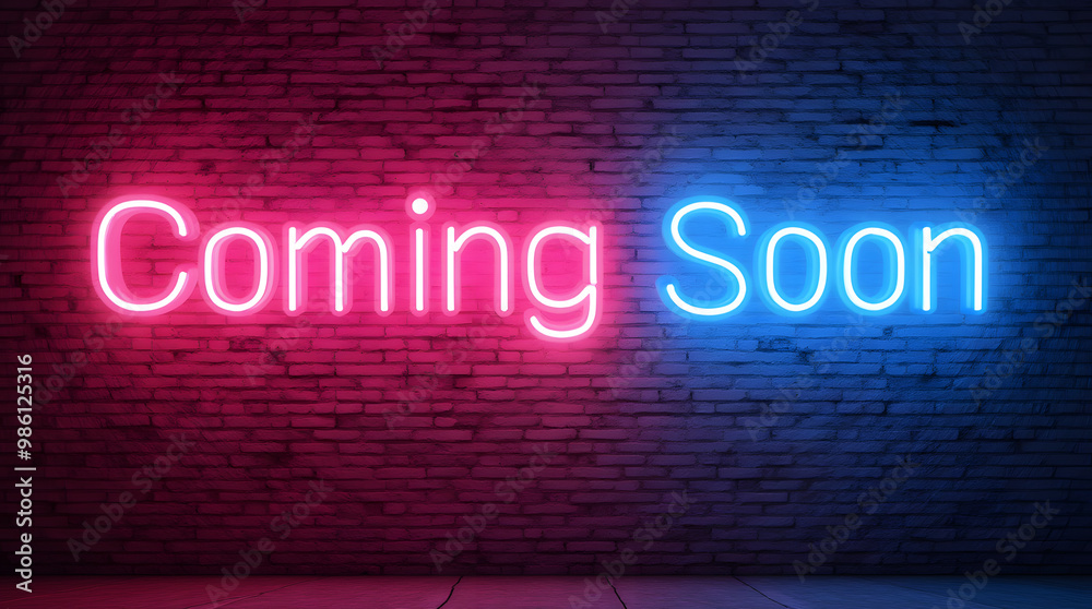A striking neon sign with the words 'Coming Soon' set against a weathered brick wall, glowing in a vibrant pink and blue hue, invoking anticipation. Generative AI A striking neon sign with the words 'Coming Soon' set against a weathered brick wall, glowing in a vibrant pink and blue hue, invoking anticipation. Generative AI