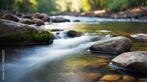 Blurred bokeh of a calm, flowing river