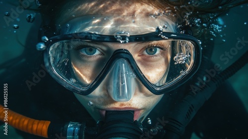 Close-up of a scuba diver's face underwater with blue eyes visible through the mask. photo