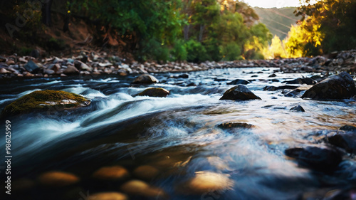 Blurred bokeh of a calm, flowing river