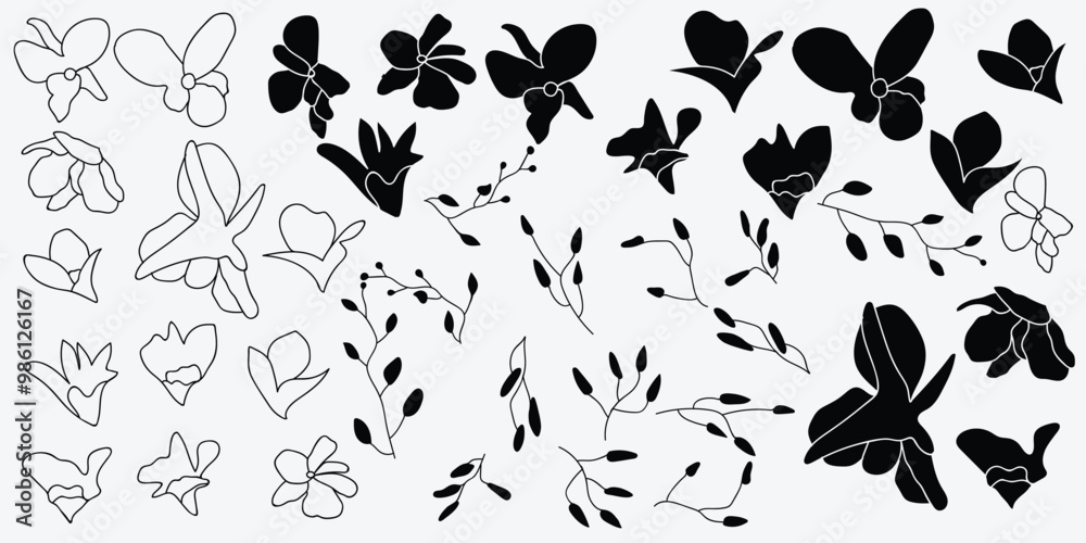 Chic black and white floral patterns with various flowers and leaves in a detailed, seamless design Chic black and white floral patterns with various flowers and leaves in a detailed, seamless design
