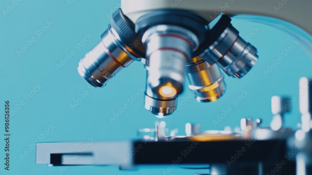 Closeup of a microscope's lens with a blue background. Closeup of a microscope's lens with a blue background.