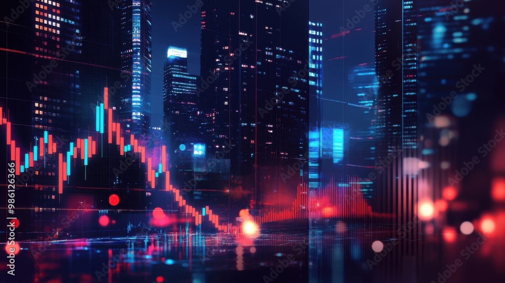 Obraz premium Product photo of a stock market chart with red candlestick bars on a city background.