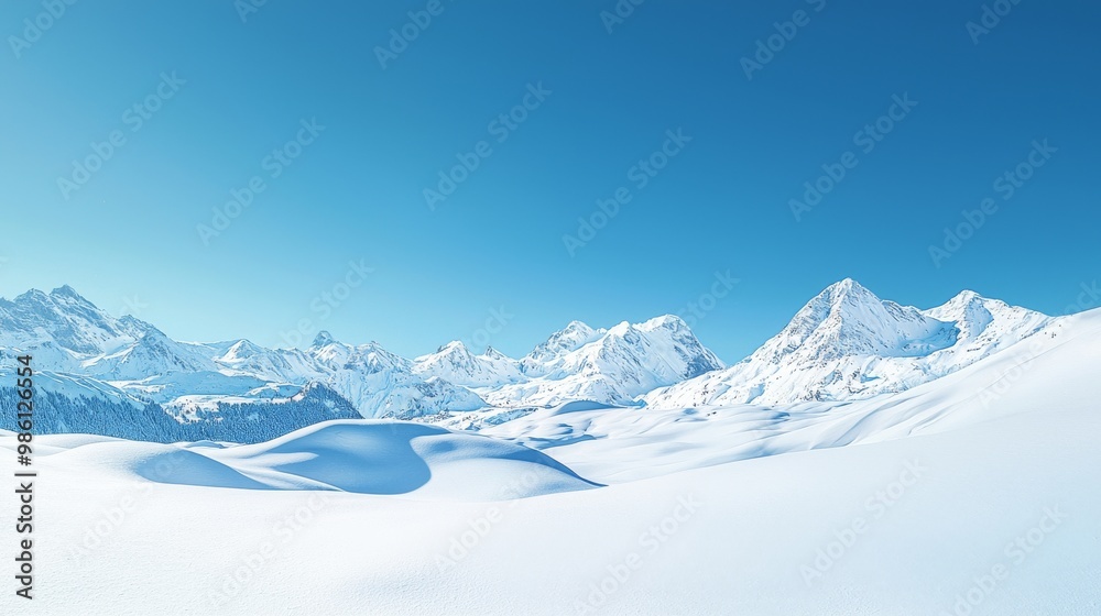 Obraz premium Panoramic View Snow Covered Mountain Range. Mountainous Icy Peaks. Blue Sky Sunshine. Panorama Landscape Background.