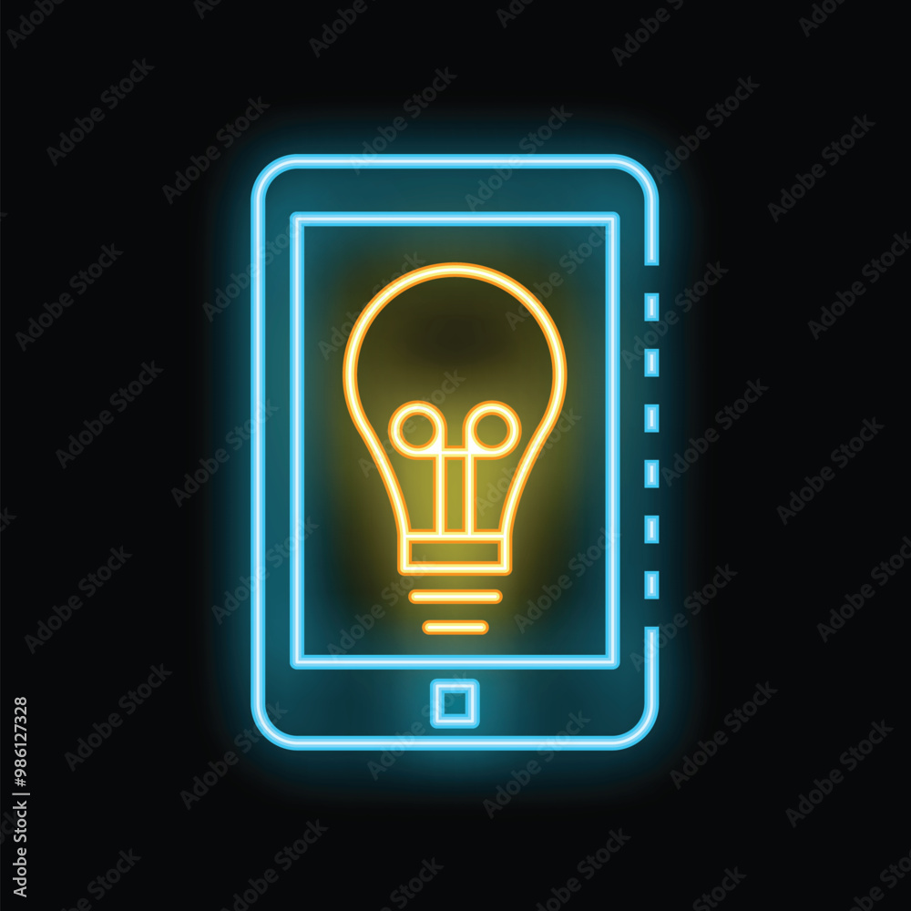 Neon smartphone displaying light bulb icon representing mobile innovation and technological advancement in the digital age Neon smartphone displaying light bulb icon representing mobile innovation and technological advancement in the digital age