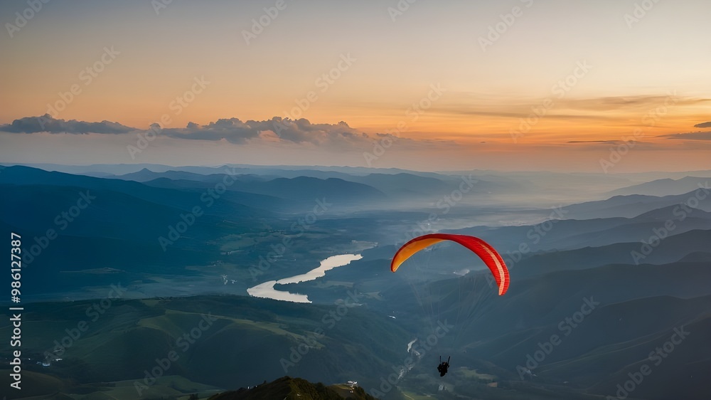 A person paragliding at dusk, embodying the spirit of adventure and travel,generative ai A person paragliding at dusk, embodying the spirit of adventure and travel,generative ai
