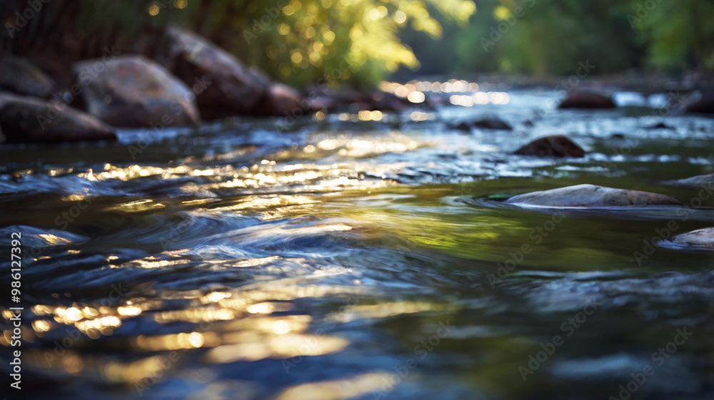 Fototapeta premium Blurred bokeh of a calm, flowing river