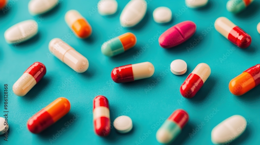 Close up of colorful pills and tablets scattered on a turquoise surface. Close up of colorful pills and tablets scattered on a turquoise surface.