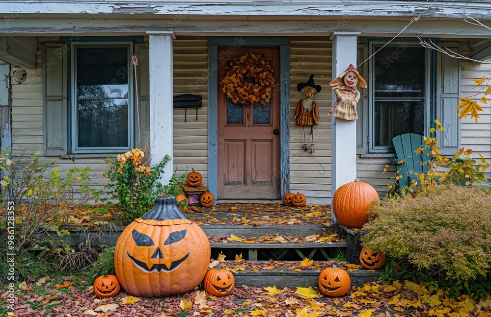 Obraz premium A cozy suburban house decorated with pumpkin for Halloween
