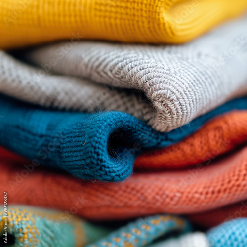 Close-up of folded colorful knit fabrics in soft textures