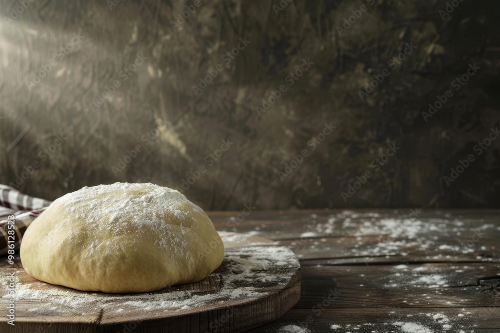 Dough on wooden table on dark background with space for an object in a bakery Dough on wooden table on dark background with space for an object in a bakery