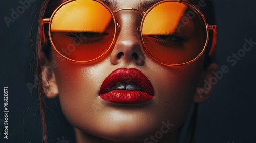 Close-up of a woman's face with orange sunglasses and red lipstick.