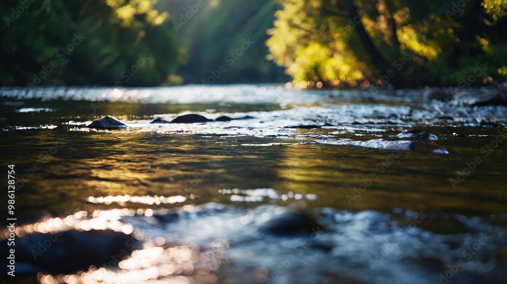Fototapeta premium Blurred bokeh of a calm, flowing river