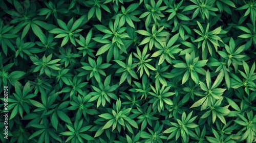 Lush green cannabis leaves background.