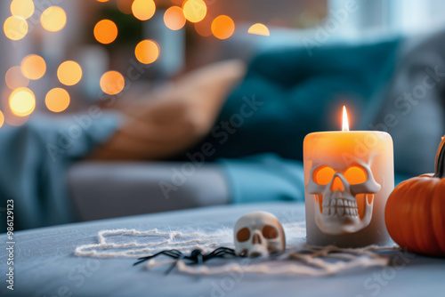 Spooky Halloween decor with skull candle and bokeh lights photo