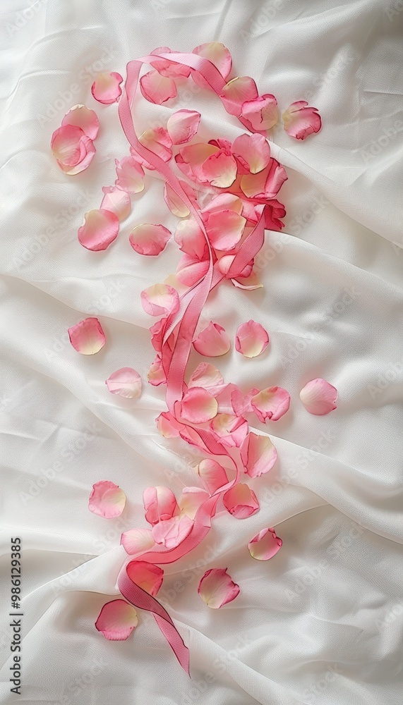 Pink Rose Petals Arranged in Ribbon Shape on White Table, Symbolizing Beauty and Support Pink Rose Petals Arranged in Ribbon Shape on White Table, Symbolizing Beauty and Support