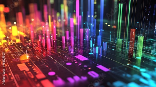 Abstract neon city with glowing skyscrapers and digital lines.