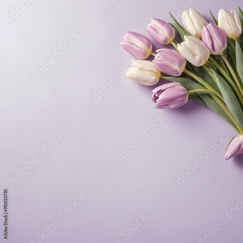 Purple tulips in a isolated pastel background with Copy space