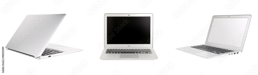 Three sleek silver laptops shown from different angles against a white background. Three sleek silver laptops shown from different angles against a white background.