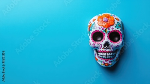 A colorful sugar skull sits on a blue background.