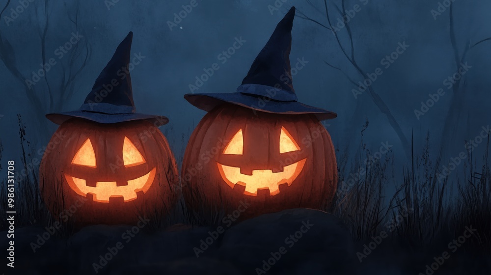 Two Glowing Jack-o'-Lanterns with Witch Hats in a Spooky Foggy Forest Setting, Perfect for Halloween Themes and Seasonal Decorations Two Glowing Jack-o'-Lanterns with Witch Hats in a Spooky Foggy Forest Setting, Perfect for Halloween Themes and Seasonal Decorations